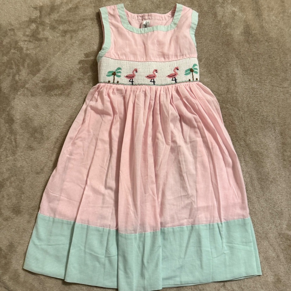 Royal Child Girls Pink Gingham Smocked Flamingo Palm Tree Dress Size 6X
